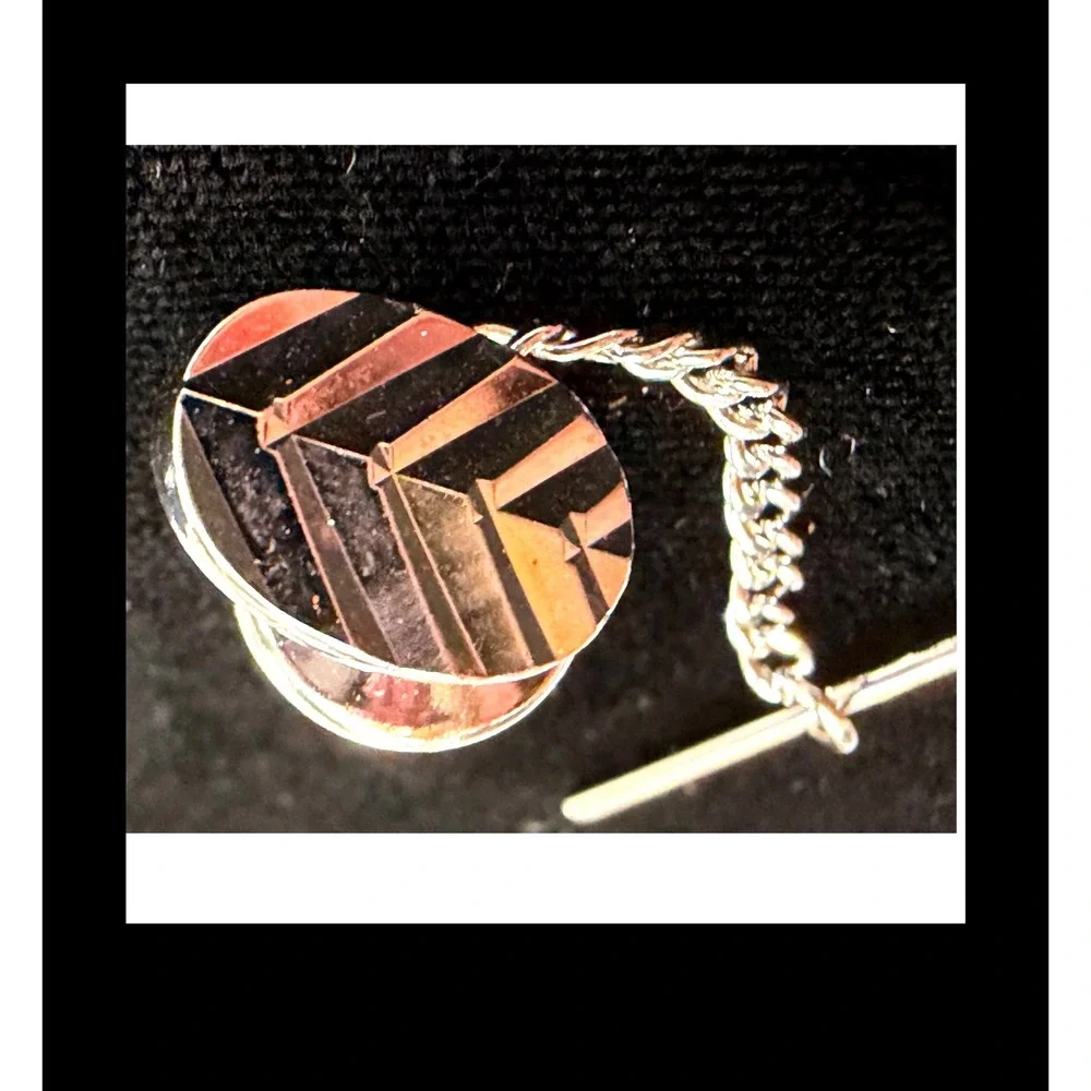 Vintage Silver Tone Chevron Etched Oval Tie Tack with Security Chain T-Bar